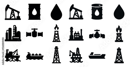 Collection of black and white icons representing various aspects of the oil and gas industry. The icons include a tanker, a ship, a refinery, a pump, a pipe, and a fire