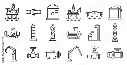 Collection of industrial icons including a crane, a pump, a valve, and a fire hydrant