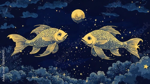 Two gold fish in a starry night sky