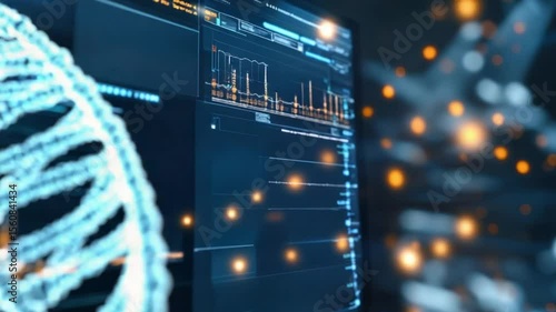 DNA helix displayed on a digital screen with data visualizations