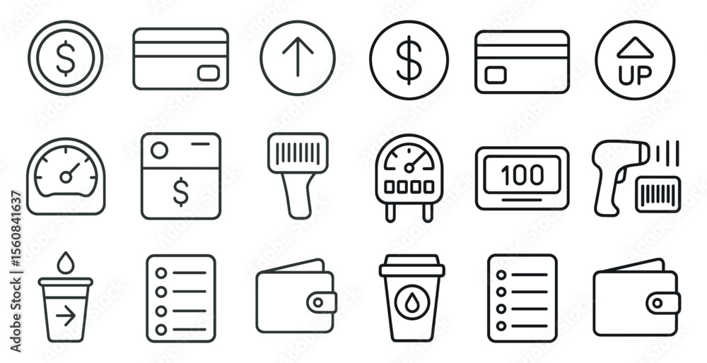 Set of icons for a shopping app. The icons include a credit card, a scale, a shopping list, a wallet, a cup, a barcode scanner, and a shopping cart Set of icons for a shopping app. The icons include a credit card, a scale, a shopping list, a wallet, a cup, a barcode scanner, and a shopping cart