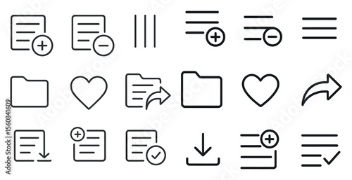Set of icons for a computer program. The icons include a heart, a plus sign, a minus sign, a check mark, a down arrow, a file folder, a download arrow, and a share arrow