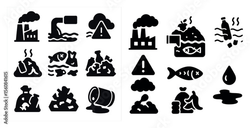 The first image shows a series of black and white icons that represent different types of pollution. The second image shows the same icons, but they are in a different order and some are missing