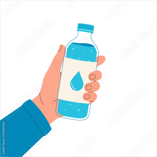 Hand holding a water bottle with a drop symbol. Flat illustration promoting hydration and healthy lifestyle. Perfect for fitness, wellness, and clean water concepts.

