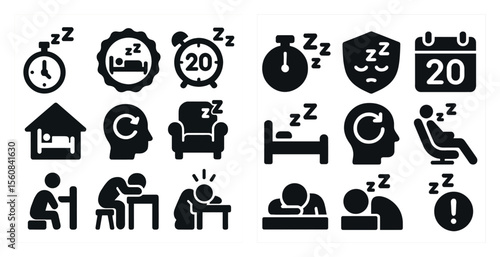 Set of icons for sleep and relaxation. The icons include a clock, a bed, a chair, a couch, a house, a bed with a person in it, a person sitting at a table, a person laying down