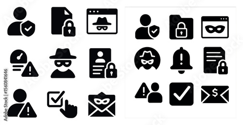 Collection of icons for various security and privacy settings. The icons include a person wearing a hat and a mask, a person with a key, a person with a check mark, and a person with a bell