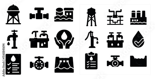 The image is a collection of various water-related icons, including a water pump, a water tower, and a water fountain. The icons are all black and white