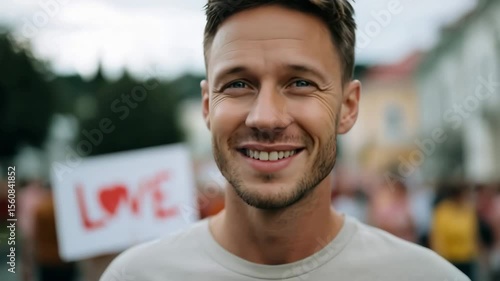 Young man smiling at peaceful protest rally with love sign background