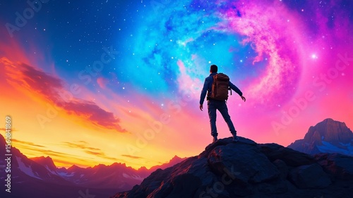 A man standing on top of a mountain looking at the sky