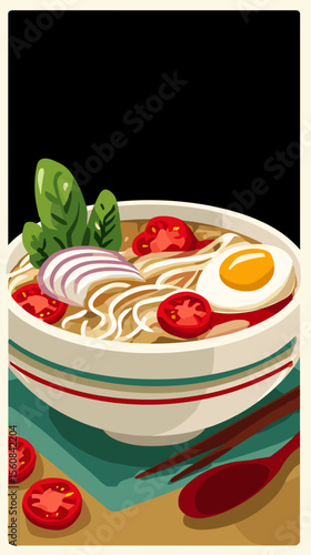 Ramen bowl with noodles, egg, tomatoes, and spinach on table  
