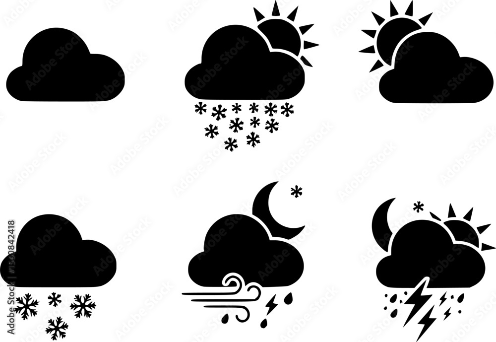 Weather icons. Weather forecast icon set. Clouds logo. Weather , clouds, sunny day, moon, snowflakes, wind, sun day. Vector illustration.
Weather icons. Weather forecast icon set. Clouds logo. Weather , clouds, sunny day, moon, snowflakes, wind, sun day. Vector illustration.