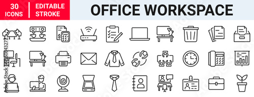 Office workspace web line icons. Office and coworking icons for web and mobile app. Office, remote working, meeting, co-worker, workspace, desk, computer, business icons and more