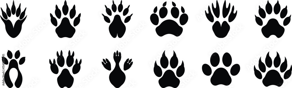 Animal paw track silhouette collection, wildlife footprint vector icons including dog, cat, bird, bear for nature design Animal paw track silhouette collection, wildlife footprint vector icons including dog, cat, bird, bear for nature design