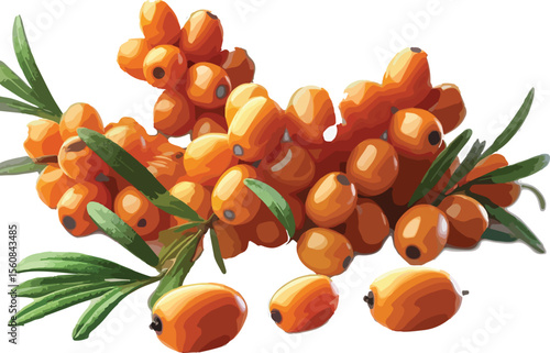 Vivid illustration of sea buckthorn berries with leaves on a clean white background