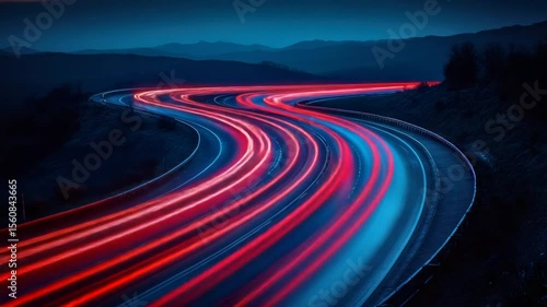 Winding Road at Night with Light Trails