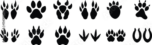 Animal footprint silhouettes icons collection, paw prints, hoof tracks, bird tracks, horseshoe marks isolated set