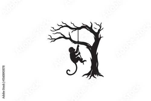  A monkey hanging on a tree stick  silhouette with a simple, understated design set against a white background 