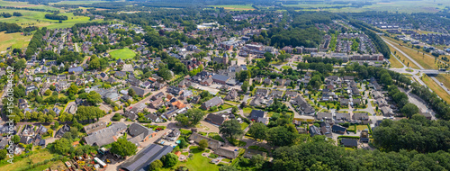 An panorama Aerial view of the old town of the  city Borger in the Netherlands on a sunny day in summer.	