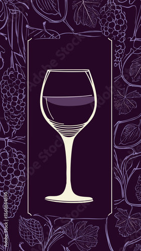 Wine glass illustration on purple background with grapevine design  