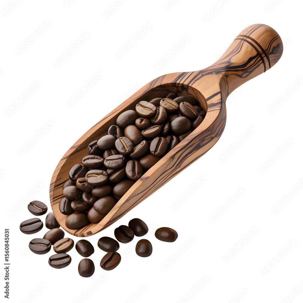 Obraz premium Fresh roasted coffee beans spill from a wooden scoop, isolated on a white background, perfect for illustrating coffee products.