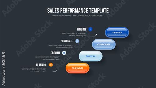 Business Introduction Four Element Infographic Slide Template. Marketing Growth 4 Step Diagram Slideshow Design. Market Performance Presentation Layout Vector Illustration.