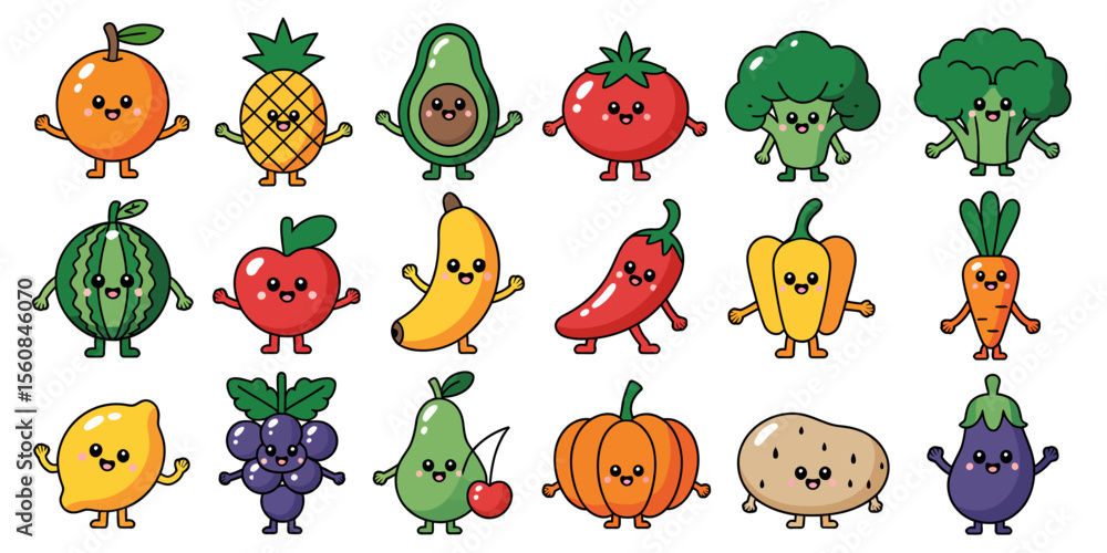 Obraz premium Cheerful cartoon fruits and vegetables collection orange pineapple