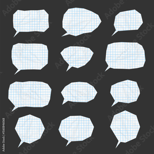 White speech bubbles cut out of crumpled paper with math lines notebook pattern in a cage isolated on black background. Social media Vector illustration.
