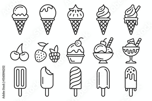 Black and white line art ice cream and fruit collection cones popsicles