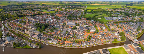 An panorama Aerial view of the old town of the city Franeker in the Netherlands on a sunny morning in summer