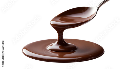 Smooth liquid chocolate dripping from a spoon onto a glossy puddle against a white background
