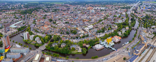 An panorama Aerial view of the old town of the city Groningen in the Netherlands on a sunny morning in summer