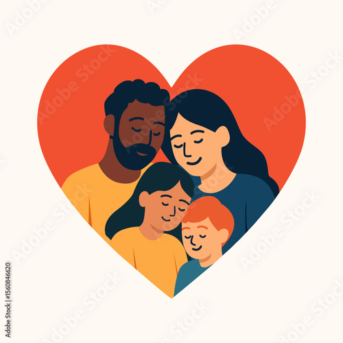 Diverse parents with children in warm embrace, inside heart shape symbolizing family values, inclusion, compassion, affection, and multicultural unity