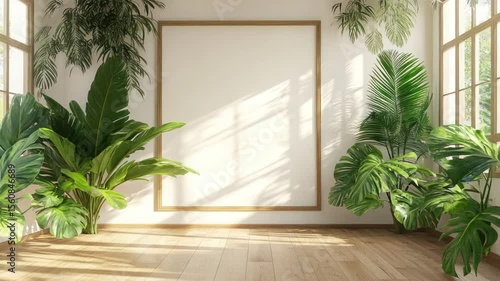 A sun-drenched room with lush greenery and a blank canvas