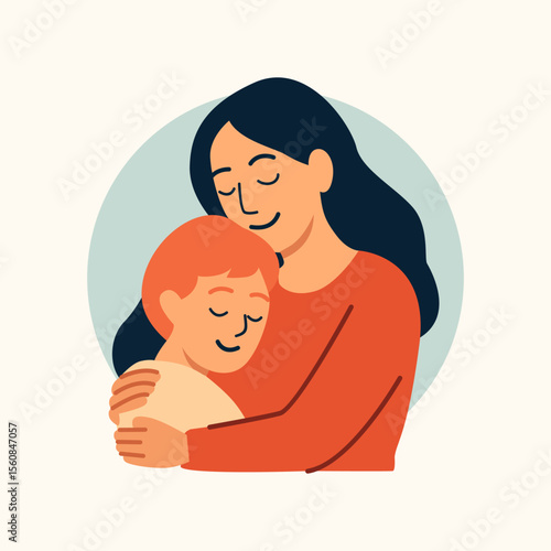 Loving mother hugging child with warmth and tenderness, symbolizing parental care, emotional bonding, security, motherhood, compassion, and affection