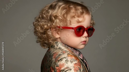 A child wearing red sunglasses and a patterned jacket