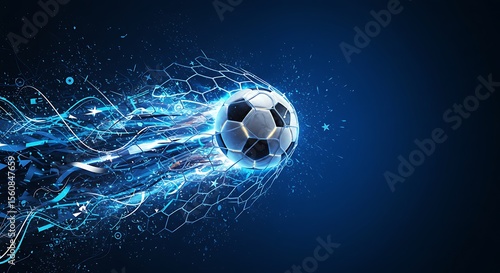Soccer ball breaking through the net with an electrifying trail