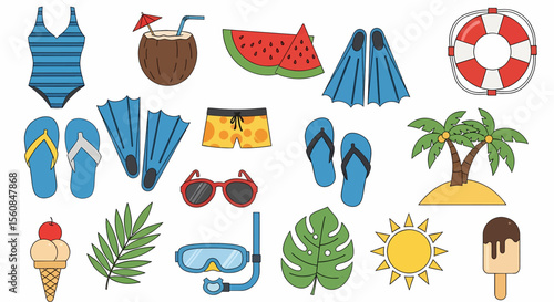 Adobe illustrator vector flat style illustration of a vibrant collection of summer-themed icons, including flip-flops, a bikini, watermelon slice, beach ball, sun, ice cream, a tropical drink, luggage