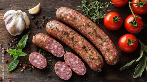 Fresh, seasoned sausages on a dark wooden board, accompanied by herbs, garlic, and tomatoes