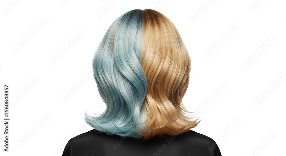 Naklejka premium A unique perspective: A person with two-toned hair showing a harmonious contrast of colors. The combination of the two hues adds a creative and artistic flair.