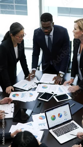 diverse group of business professionals in business attire gather around a dark conference table with papers, charts, laptop, tablet, engaging in discussion and huddle in high-angle overhead video