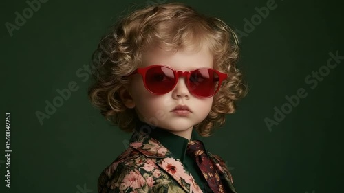 Stylish child in a floral suit, wearing red sunglasses, against a deep green backdrop