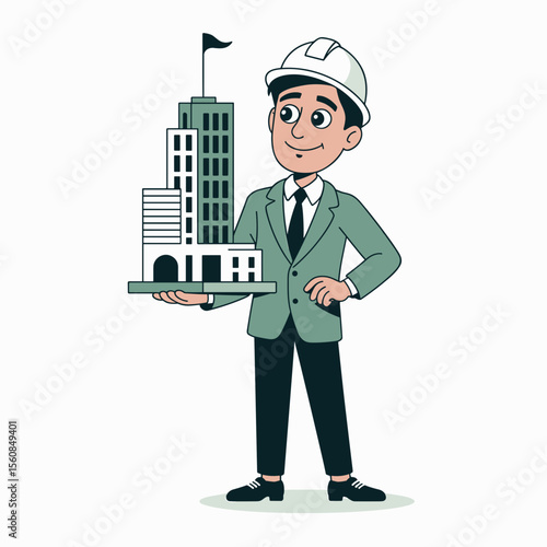 Cartoon Architect Holding Skyscraper Model