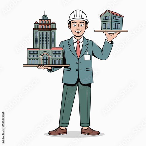 Cartoon Architect Holding Skyscraper Model