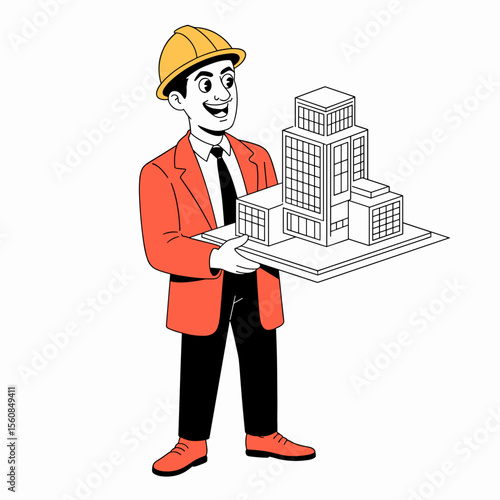 Cartoon Architect Holding Skyscraper Model