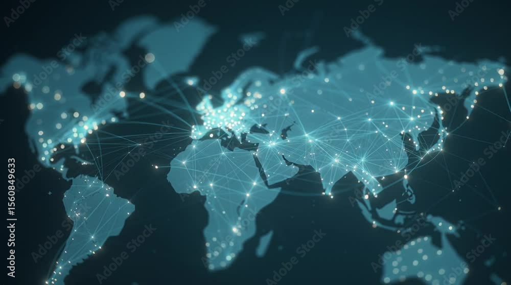 Animated flat world map with glowing lines connecting major cities – digital communication network, abstract global data flow, minimalist tech visualization