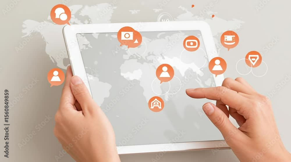 Close-up of human hands interacting with digital tablet – floating social media icons internet, glowing interface elements, holographic world map, modern global communication, online connection Close-up of human hands interacting with digital tablet – floating social media icons internet, glowing interface elements, holographic world map, modern global communication, online connection