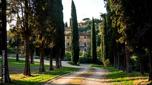 Cypress Tree Lined Pathway to a Historic Villa at Sunset in the Italian Countryside Near Florence