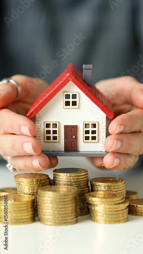 close-up video of caucasian hands protectively cupping a miniature house with a red roof on stacks of gold coins on a white table, property real estate savings security investment concept
