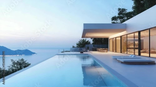 Luxurious infinity pool overlooking a tranquil ocean vista.  Modern, minimalist architecture and spacious outdoor living area