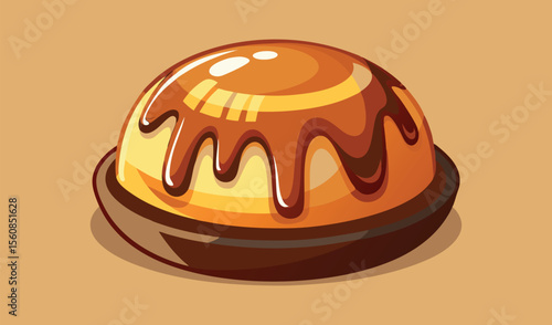 Delicious dome shaped dessert with rich chocolate glaze and caramel drizzle on a plate
